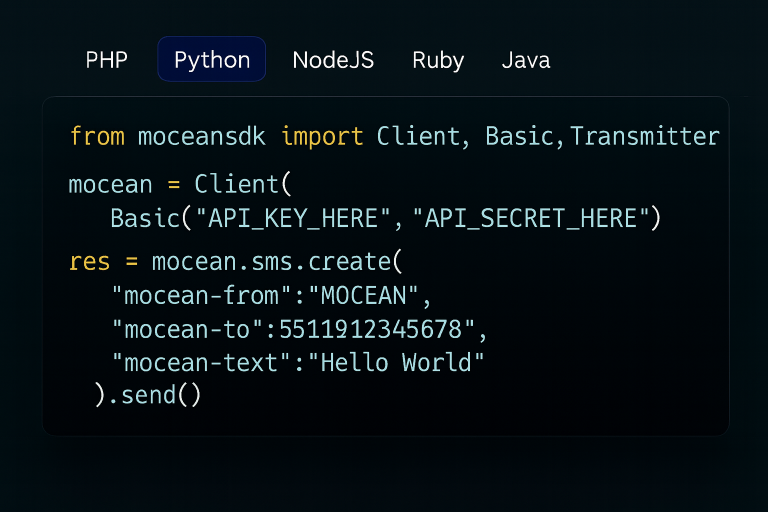 Python code example using Mocean's SMS API to send instant messages.