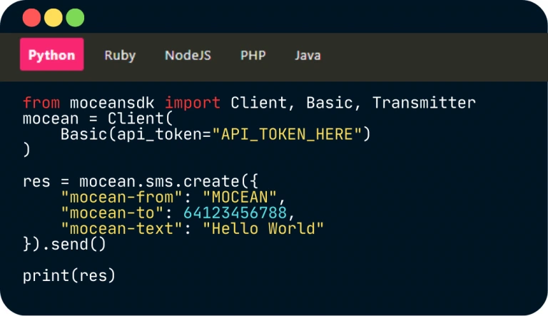 Exemplo de código Python usando a API de SMS da Mocean para enviar mensagens instantâneas.